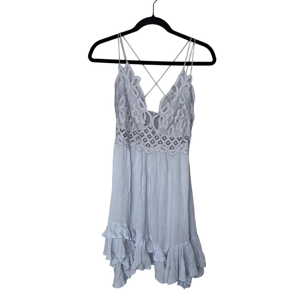 Free People FP One Mini Dress Women Large Blue Excellent Lace Ruffle Boho